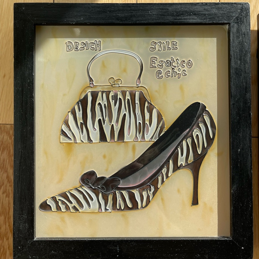 Wooden frames x 2 with glass artwork of purse and heel